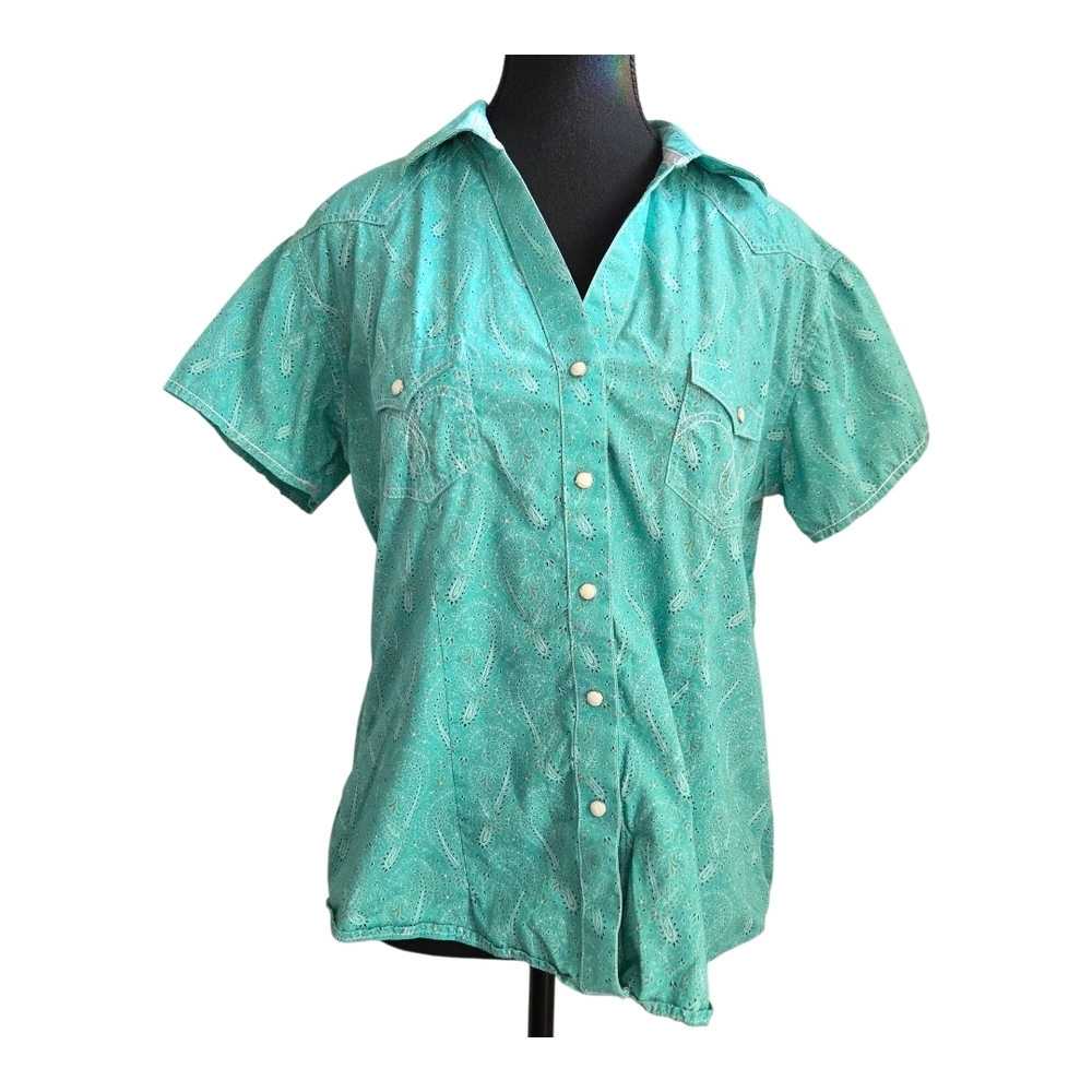 Panhndle Rough Stock Women's Teal Short Sleeve  Button Down Shirt Size L
